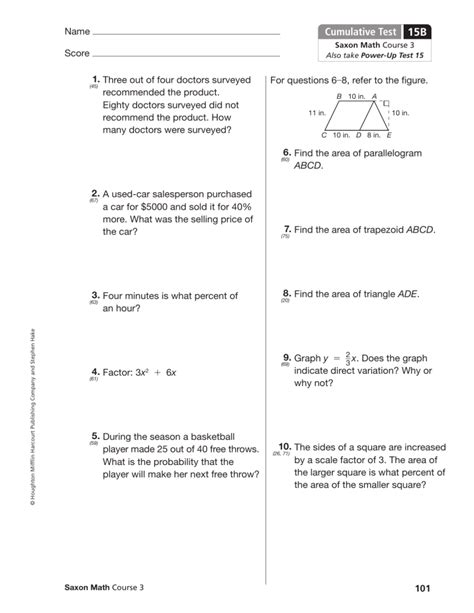 Printable Saxon Math Cumulative Test