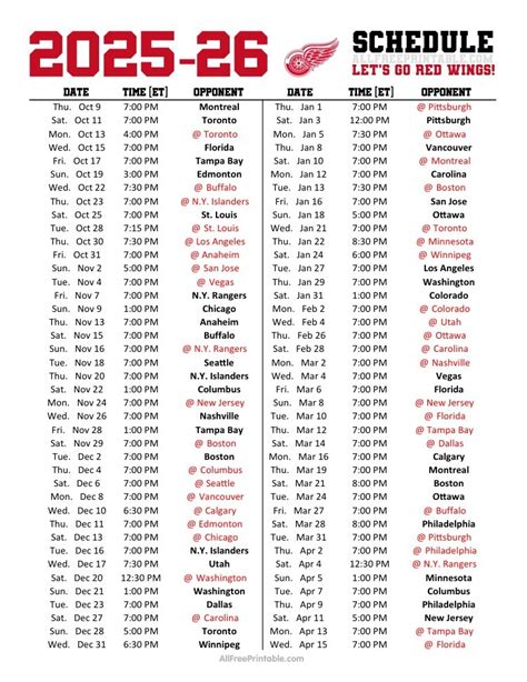 Printable Schedule Red Wings