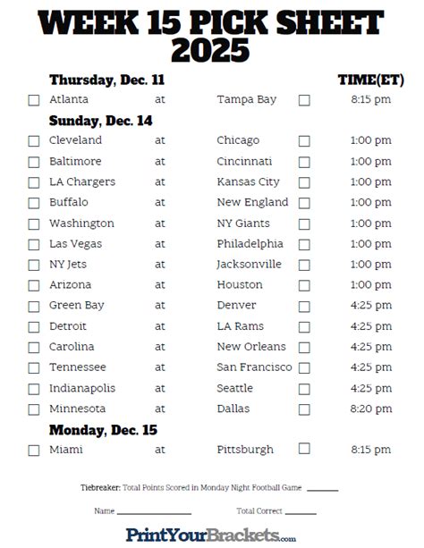 Printable Schedule Week 15 Nfl