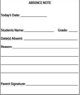 Printable School Absence Notes