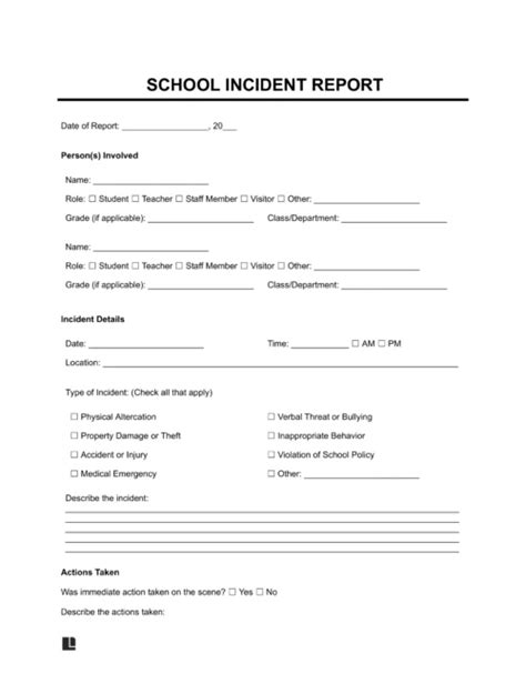 Printable School Incident Report Template