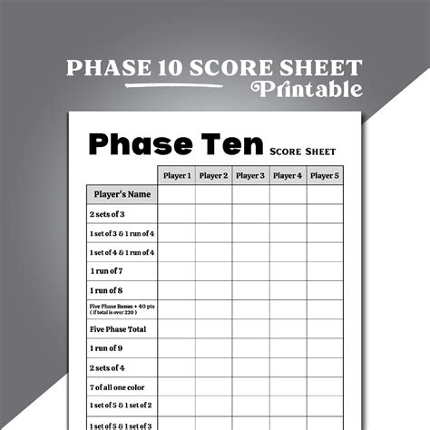 Printable Score Sheet Phase 10