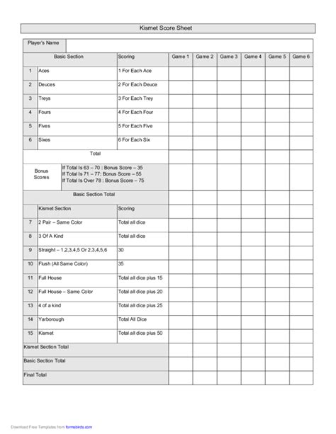 Printable Score Sheets For Kismet