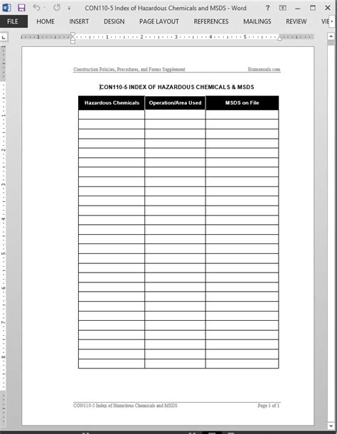 Printable Sds Index Template