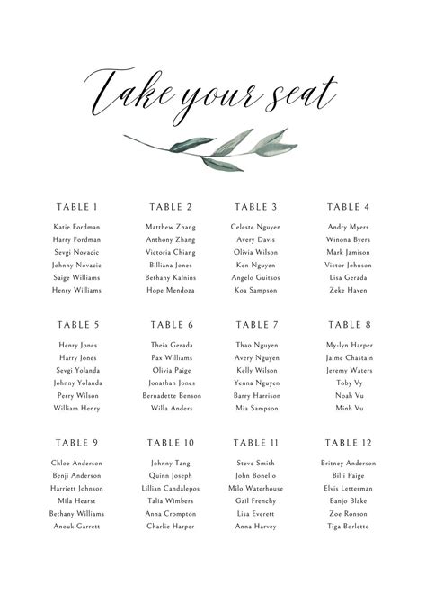 Printable Seating Chart Tree