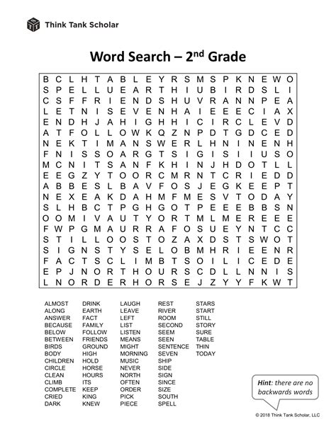 Printable Second Grade Word Searches