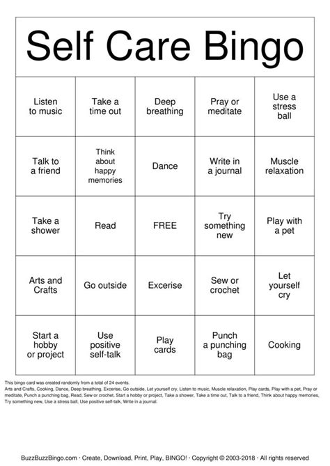 Printable Self Care Bingo