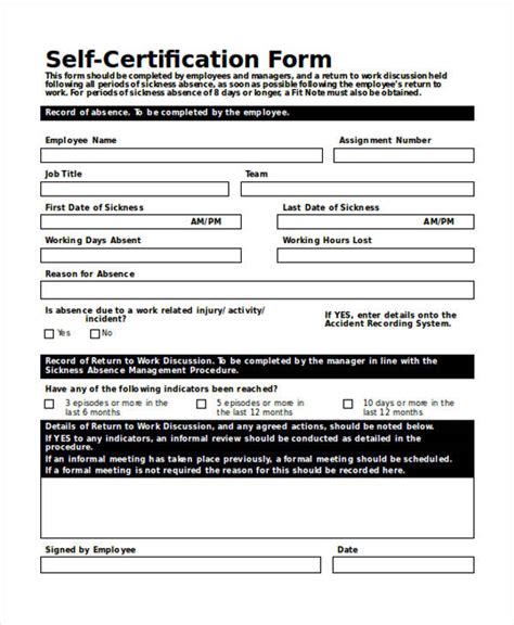 Printable Self Certification Form 2024