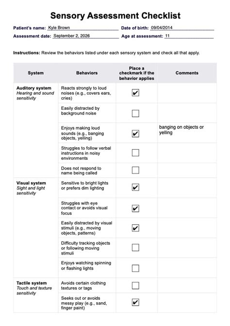 Printable Sensory Assessment Checklist