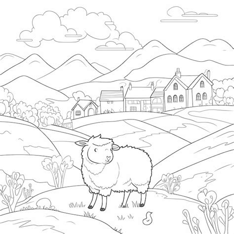 Printable Sheep Hillside Cartoon