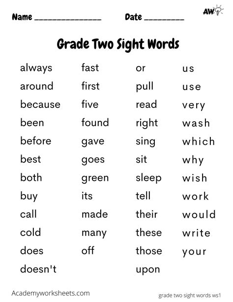 Printable Sight Words Second Grade