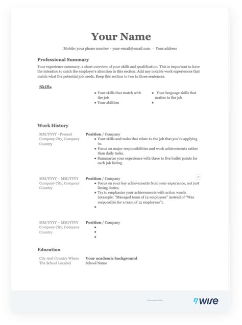 Printable Simple Resume Format