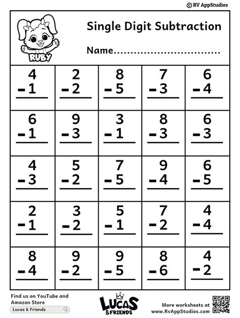 Printable Singke Digit Subtraction Worksheets