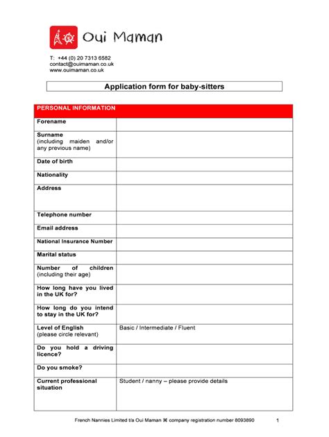 Printable Sitters.com Application Pdf
