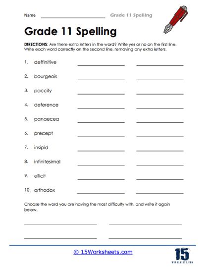 Printable Spelling Lessons For 11Th Grade