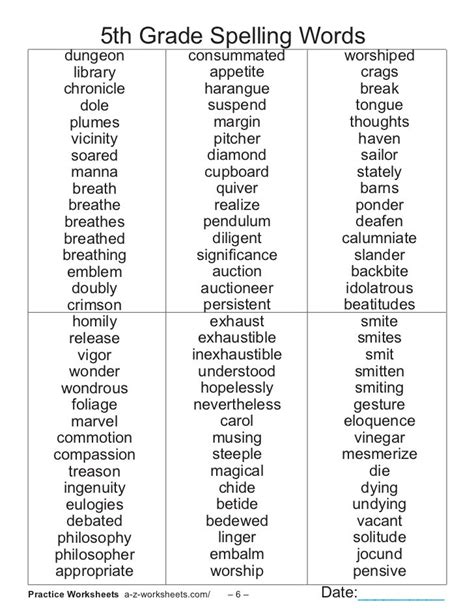 Printable Spelling Words For 5Th Grade