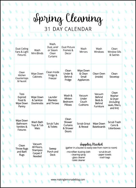Printable Spring Cleaning Calendar