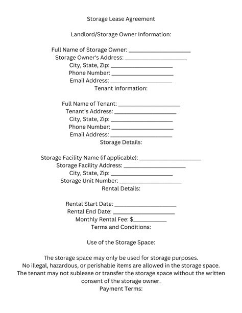 Printable Storage Agreement Form