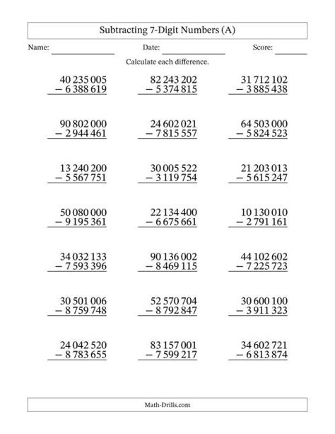 Printable Subtracting 7 Digit Numbers