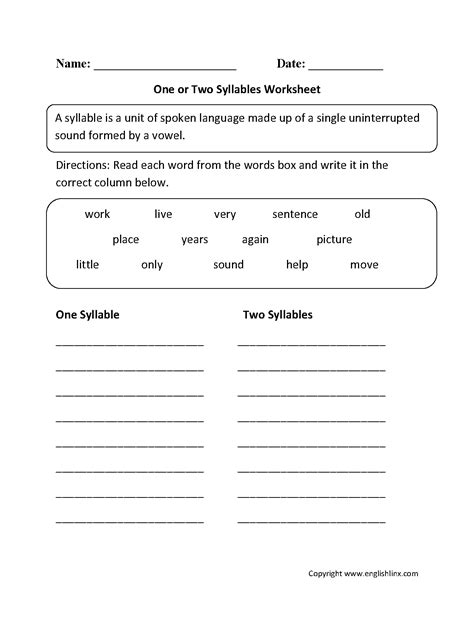 Printable Syllable Worksheets