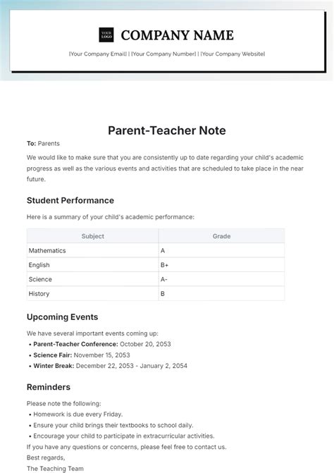 Printable Teacher Notes To Parents