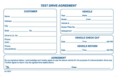 Printable Test Drive Agreements Simple