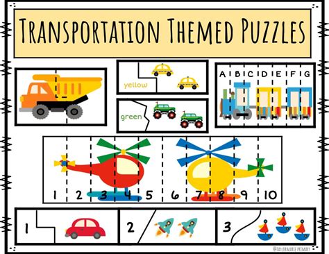 Various printable transportation puzzles featuring different modes of transport