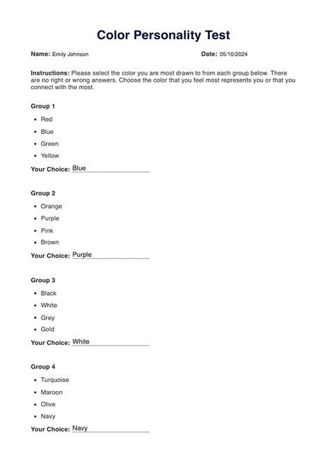 Printable Version Color Personality Test Pdf