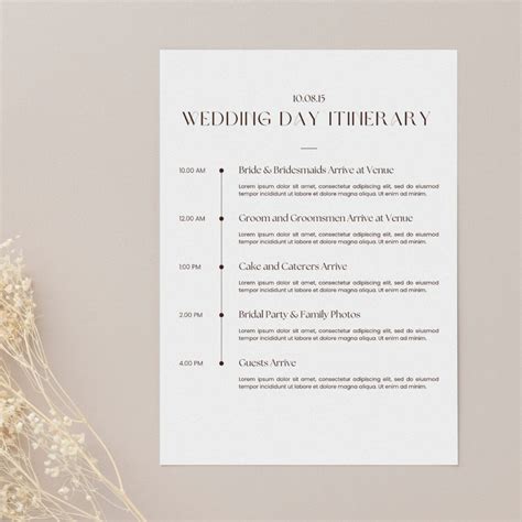 Printable Wedding Day Itinerary Template