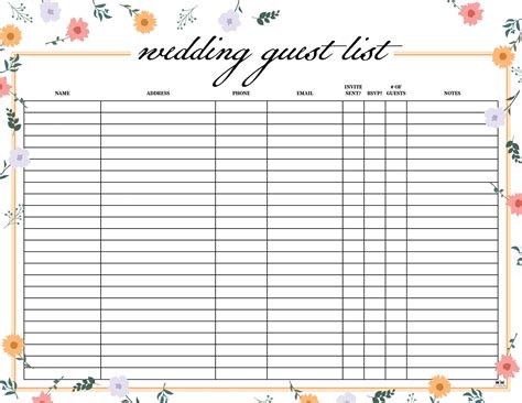 Printable Wedding Guest List List