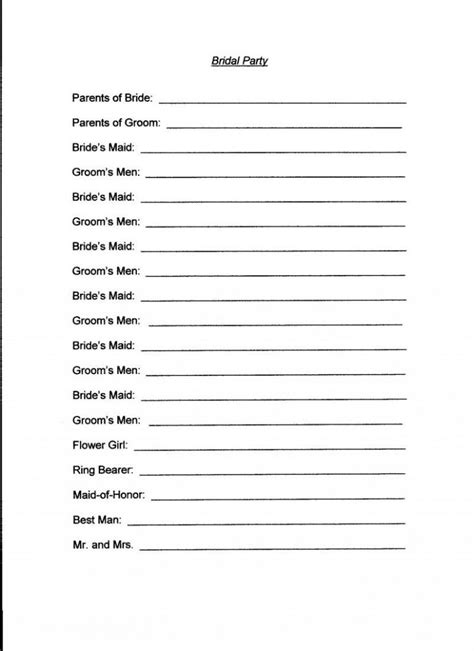 Printable Wedding Party List Template