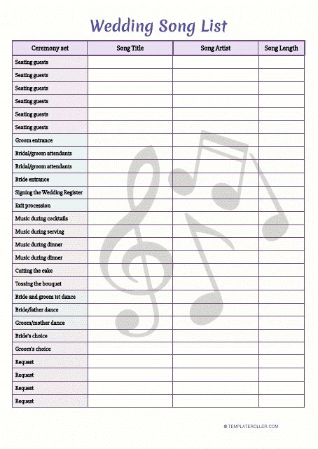 Printable Wedding Song List Template
