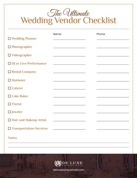Printable Wedding Vendor Checklist
