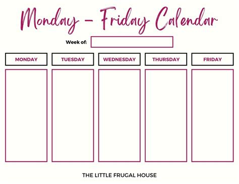 Printable Week Schedule Monday Through Friday