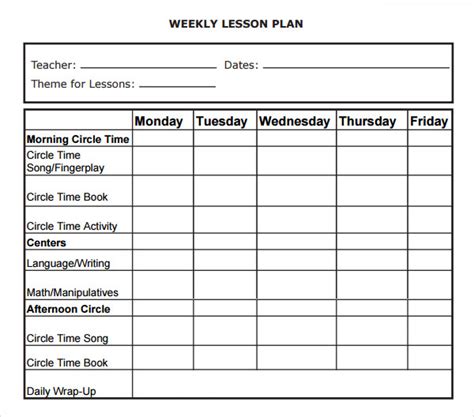 Printable Weekly Lesson Plan Form