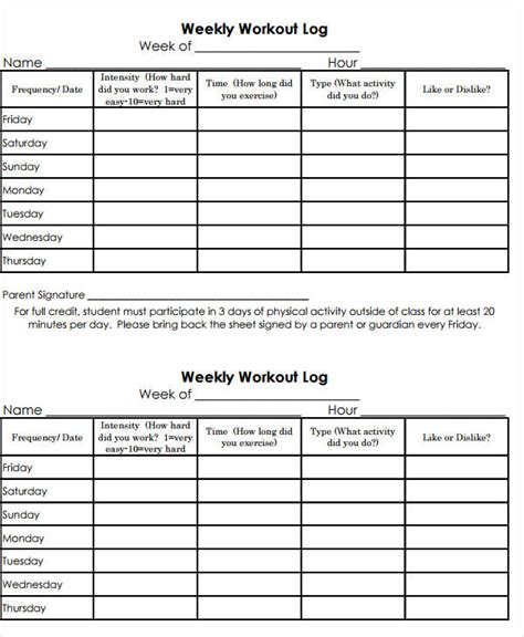 Printable Weekly Workout Log