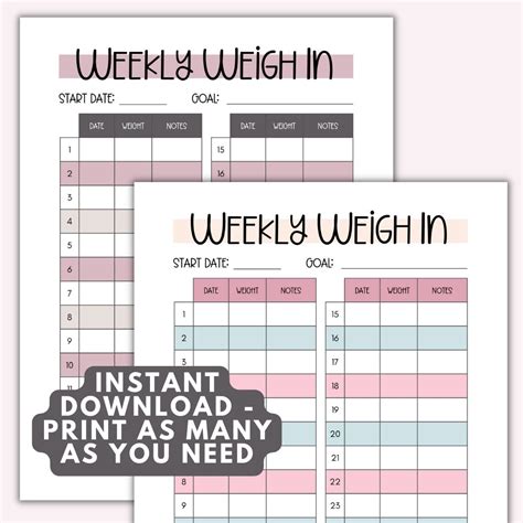 Printable Weigh In Chart