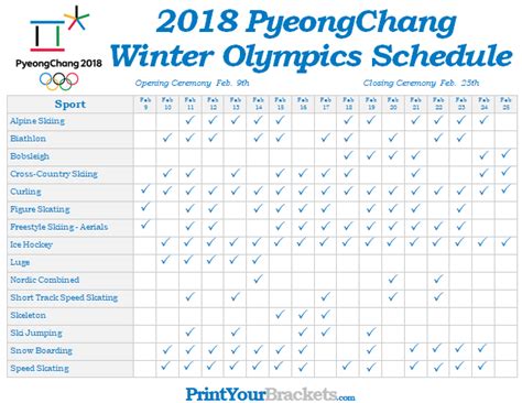Printable Winter Olympics Schedule