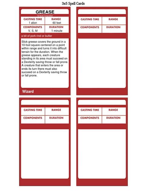 Printable Wizard Spell Cards 5E