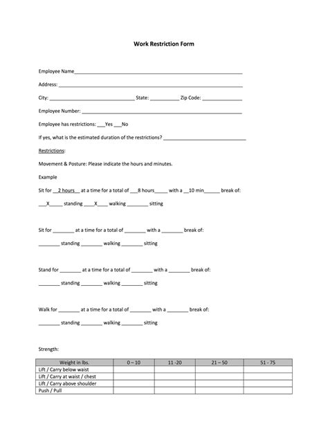 Printable Work Restriction Form