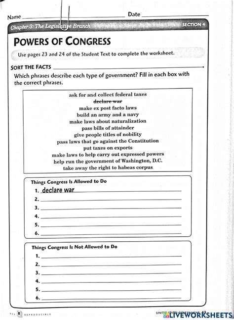 Printable Worksheet On Powers Of Congress