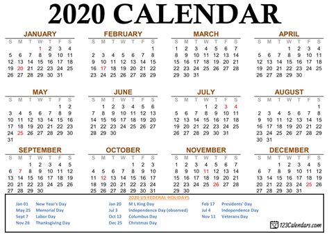 printable yearly calendar 2020