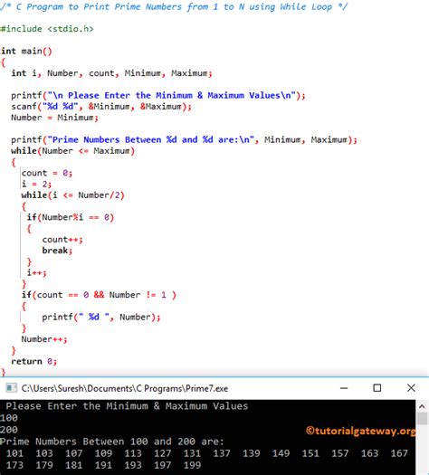 printing prime numbers in c