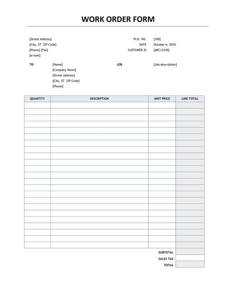 Printing Work Order Form