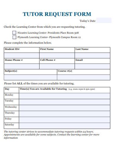 private tutoring request form template