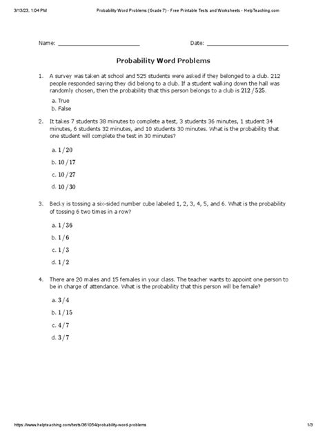 probability word problems for grade 7