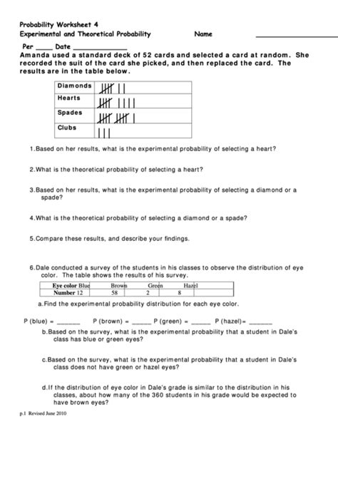 probability worksheet 4 experimental and theoretical probability
