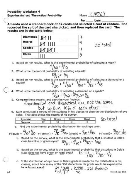 probability worksheet 4 experimental and theoretical probability answer key
