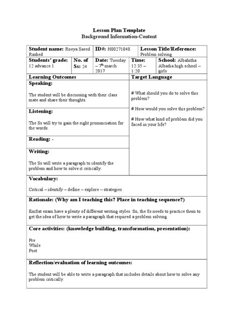 problem based lesson plan template