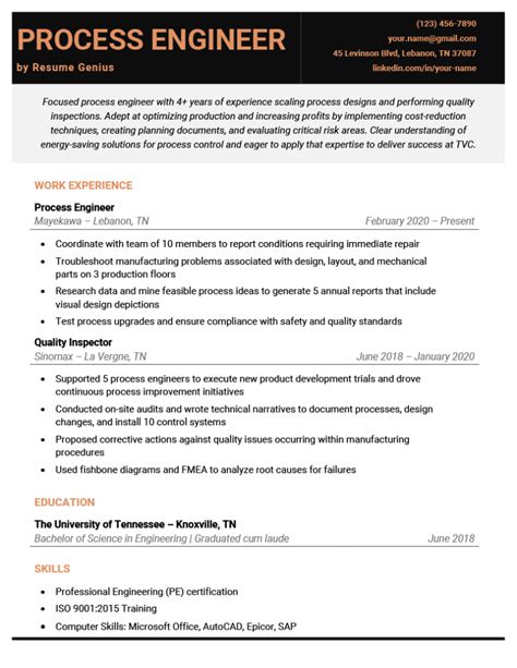 17 Process Engineer Resume Examples & Guide 2021